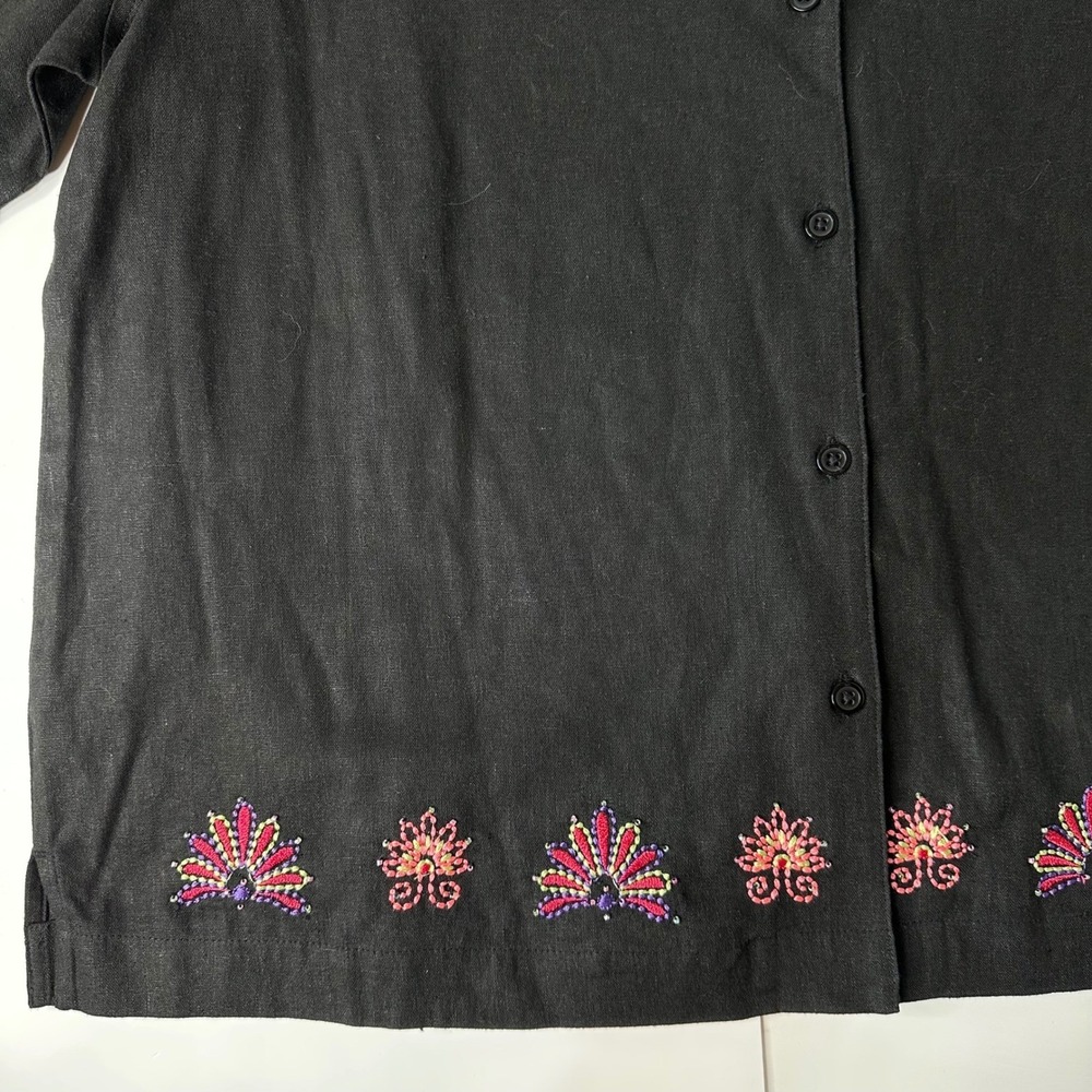 Kim Rogers Linen Blend Shirt Black Beaded Floral Embroidered Button Up Sz 1X - Picture 8 of 16